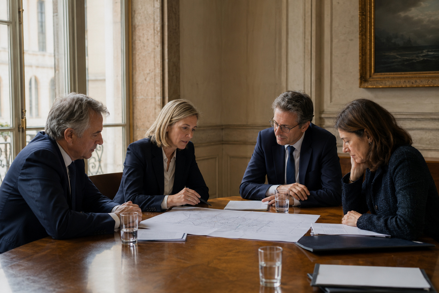 Senior executives reviewing project evidence in a confidential board meeting