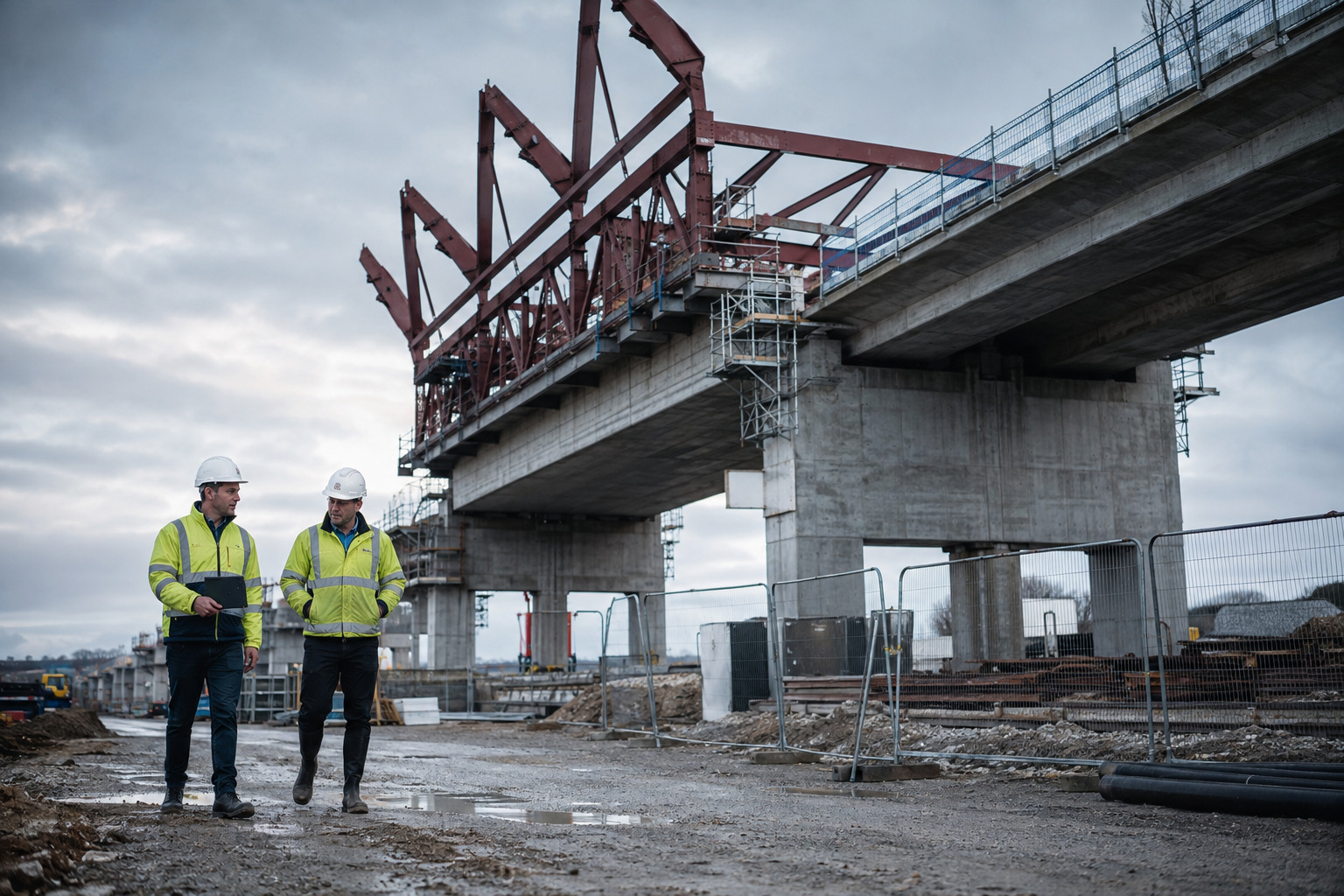 Experienced project leaders reviewing delivery reality at a major bridge project
